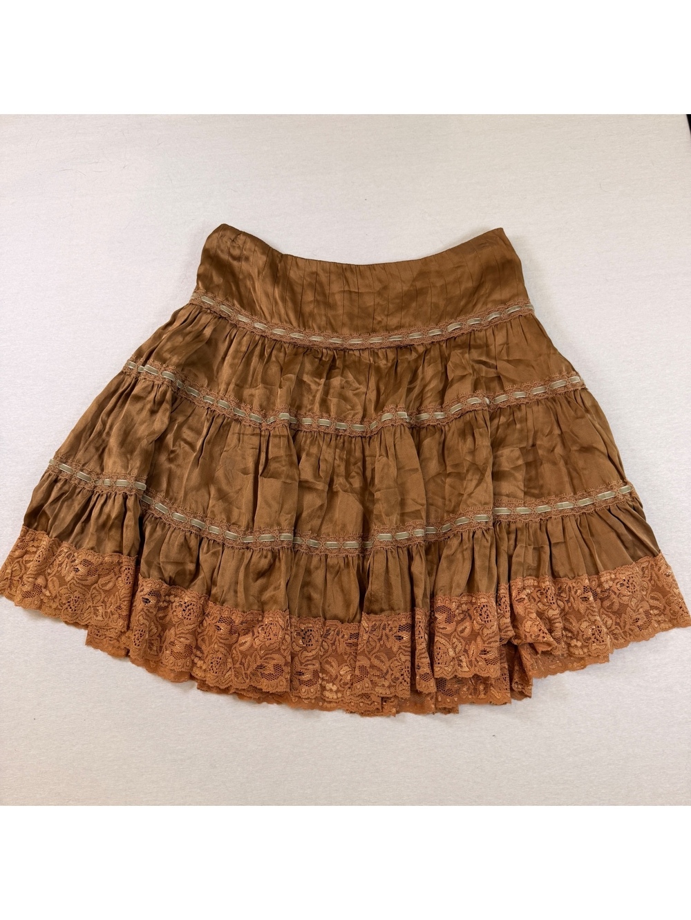 Bronze Silk Lace Tiered Mini Skirt XS Y2K